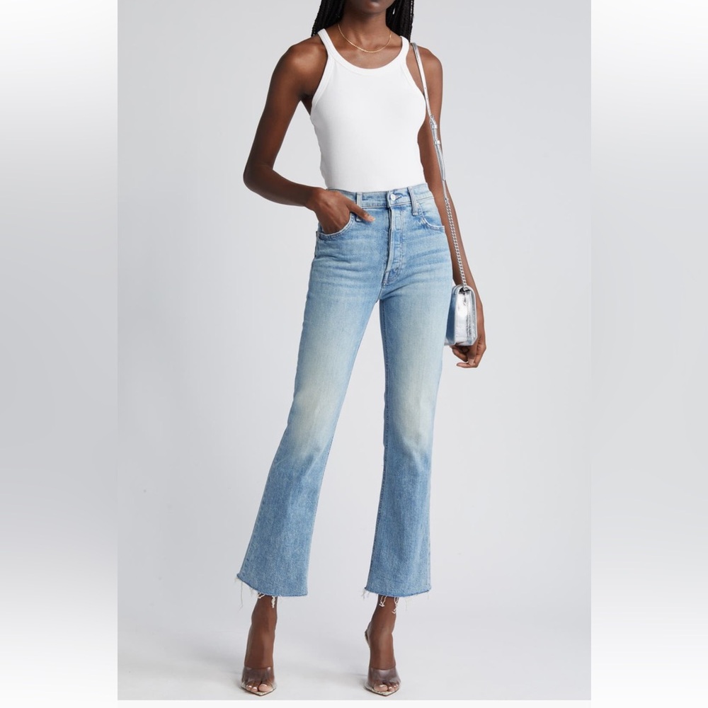 MOTHER Superior The Tripper High Waist Flood Frayed Flare Blue Jeans - Picture 2 of 9